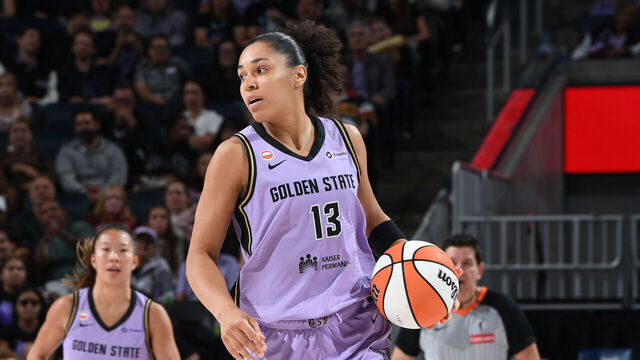 SAN FRANCISCO, CA - AUGUST 4: Janelle Salaun #13 of the Golden State Valkyries dribbles the ball during the game against the Toronto Tempo on August 4, 2026 at Chase Center in San Francisco, California. NOTE TO USER: User expressly acknowledges and agrees that, by downloading and or using this photograph, user is consenting to the terms and conditions of Getty Images License Agreement. Mandatory Copyright Notice: Copyright 2026 NBAE