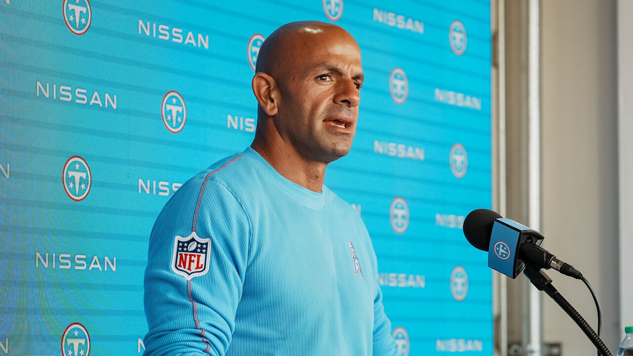 NASHVILLE, TENNESSEE - JUNE 17: Head coach Robert Saleh of the Tennessee Titans speaks before the second day of minicamp at Vanderbilt Health Football Center on June 17, 2026 in Nashville, Tennessee.