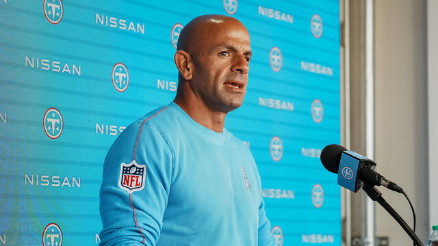 NASHVILLE, TENNESSEE - JUNE 17: Head coach Robert Saleh of the Tennessee Titans speaks before the second day of minicamp at Vanderbilt Health Football Center on June 17, 2026 in Nashville, Tennessee.