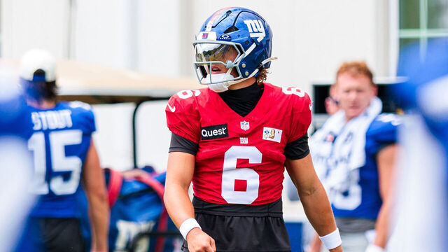 WHITE SULPHUR SPRINGS, WEST VIRGINIA - AUGUST 3: Jaxson Dart #6 of the New York Giants looks on during the New York Giants training camp at The Greenbrier on August 3, 2026 in White Sulphur Springs, West Virginia.