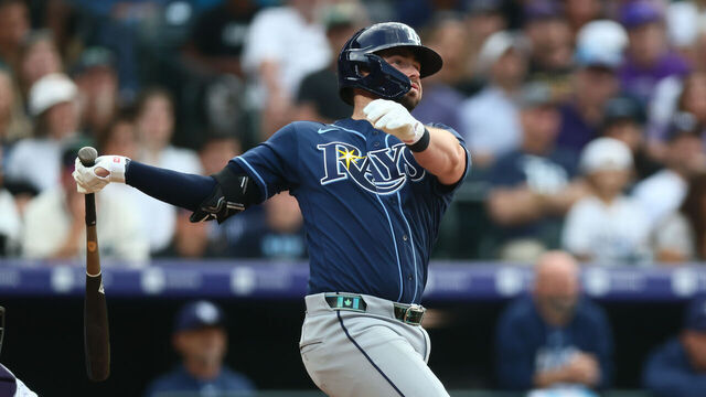 DENVER, CO - AUGUST 4: Liam Hicks #34 of the Tampa Bay Rays hits a grand slam in the third inning against the Colorado Rockies at Coors Field on August 4, 2026 in Denver, Colorado.
