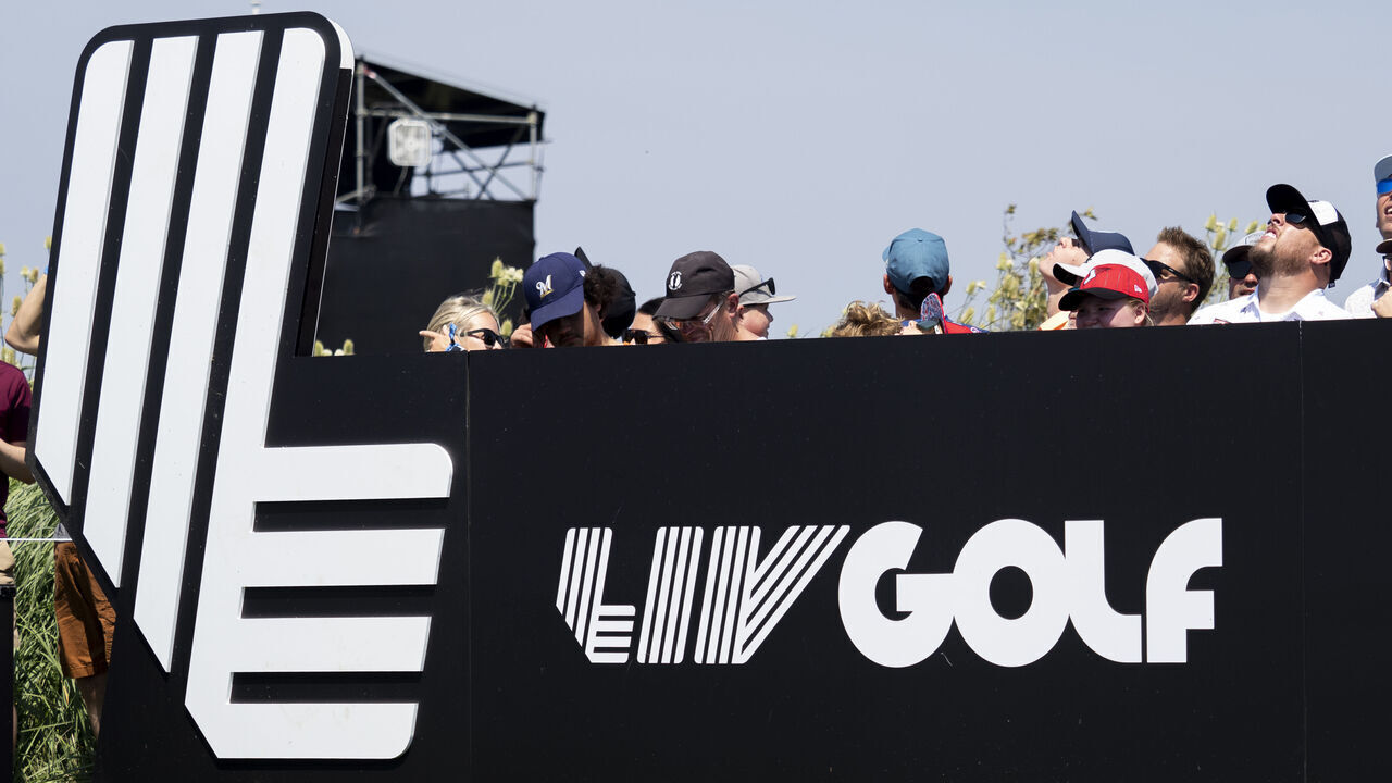 BOLINGBROOK, IL - AUGUST 09: The LIV GOLF logo is pictured during day two of LIV Golf Chicago on Saturday, August 09, 2025 at Bolingbrook Golf Club in Bolingbrook, IL.