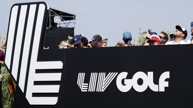 BOLINGBROOK, IL - AUGUST 09: The LIV GOLF logo is pictured during day two of LIV Golf Chicago on Saturday, August 09, 2025 at Bolingbrook Golf Club in Bolingbrook, IL.