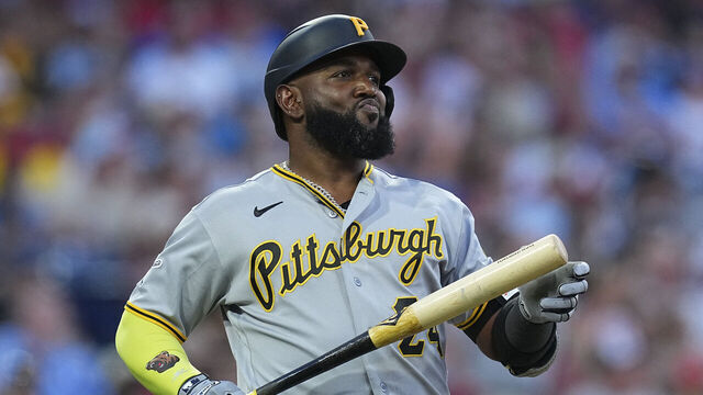 PHILADELPHIA, PENNSYLVANIA - JUNE 30: Marcell Ozuna #24 of the Pittsburgh Pirates reacts after flying out in the top of the sixth inning against the Philadelphia Phillies at Citizens Bank Park on June 30, 2026 in Philadelphia, Pennsylvania. The Phillies defeated the Pirates 8-0.