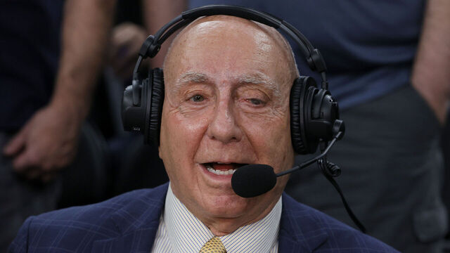 LAS VEGAS, NEVADA - NOVEMBER 23: ESPN college basketball analyst Dick Vitale gets ready to call a game between the No. 1 Gonzaga Bulldogs and the No. 2 UCLA Bruins at T-Mobile Arena on November 23, 2021 in Las Vegas, Nevada. Vitale, who is undergoing chemotherapy for cancer, got clearance from his doctor to start his 43rd season at ESPN by calling the game alongside Dave O’Brien. The Bulldogs defeated the Bruins 83-63.