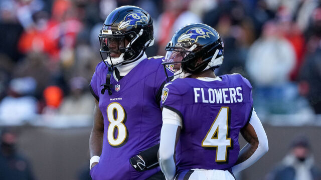 CINCINNATI, OHIO - DECEMBER 14: Lamar Jackson #8 and Zay Flowers #4 of the Baltimore Ravens look to the sideline in the third quarter against the Cincinnati Bengals at Paycor Stadium on December 14, 2025 in Cincinnati, Ohio.