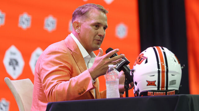 FRISCO, TEXAS - JULY 07: Head coach Eric Morris of the Oklahoma State Cowboys speaks with the media during the Big 12 Media Days at The Ford Center at The Star on July 07, 2026 in Frisco, Texas.