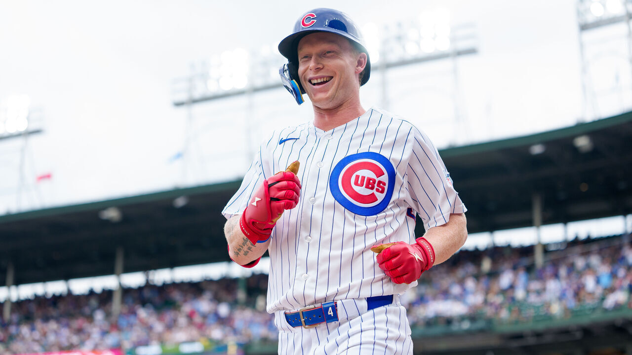 CHICAGO, ILLINOIS - AUGUST 5: Pete Crow-Armstrong #4 of the Chicago Cubs celebrates a home run in the first inning of a game against the Los Angeles Dodgers at Wrigley Field on August 5, 2026 in Chicago, Illinois.