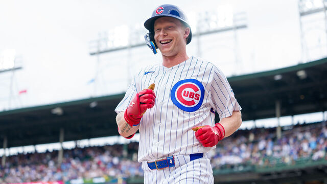 CHICAGO, ILLINOIS - AUGUST 5: Pete Crow-Armstrong #4 of the Chicago Cubs celebrates a home run in the first inning of a game against the Los Angeles Dodgers at Wrigley Field on August 5, 2026 in Chicago, Illinois.