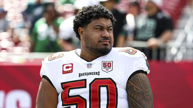 TAMPA, FLORIDA - SEPTEMBER 28: Vita Vea #50 of the Tampa Bay Buccaneers warms up prior to an NFL football game against the Philadelphia Eagles at Raymond James Stadium on September 28, 2025 in Tampa, Florida.