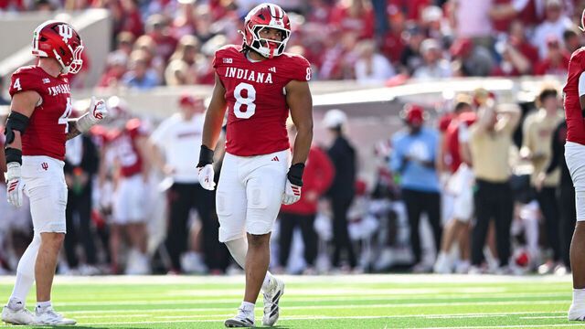 BLOOMINGTON, IN - NOVEMBER 15: Indiana Hoosiers DL Stephen Daley (8) during a college football game between the Wisconsin Badgers and Indiana Hoosiers on November 15, 2025 at Memorial Stadium in Bloomington, IN.