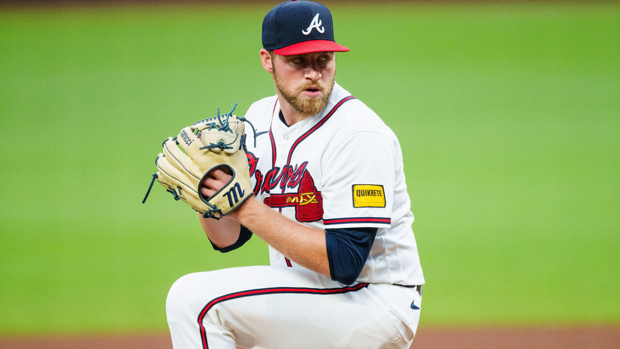 ATLANTA, GA - AUGUST 5: Bryce Elder #55 of the Atlanta Braves pitches in the fourth inning during the game against the Miami Marlins at Truist Park on August 5, 2026 in Atlanta, Georgia.
