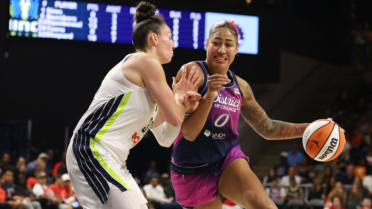 WASHINGTON, D.C. - AUG 5: Shakira Austin #0 of the Washington Mystics dribbles the ball during the game against the Dallas Wings on August 5, 2026 at CareFirst Arena in Washington, D.C. Mandatory Copyright Notice: Copyright 2026 NBAE