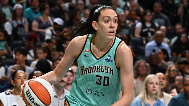 BROOKLYN, NY - AUGUST 5: Breanna Stewart #30 of the New York Liberty drives to the basket during the game against the Seattle Storm on August 5, 2026 at Barclays Center Arena in Brooklyn, New York. Mandatory Copyright Notice: Copyright 2026 NBAE