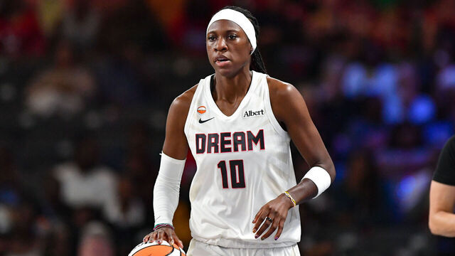 COLLEGE PARK, GA - AUGUST 05: Atlanta guard Rhyne Howard (10) brings the ball up the court during the WNBA game between the Phoenix Mercury and the Atlanta Dream on August 5th, 2026 at the Gateway Center in College Park, GA.
