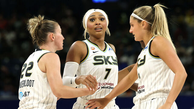CHICAGO, ILLINOIS - AUGUST 5: DiJonai Carrington #7, Courtney Vandersloot #22 and Jacy Sheldon #0 of the Chicago Sky huddle during the first half against the Los Angeles Sparks at Wintrust Arena on August 5, 2026 in Chicago, Illinois.