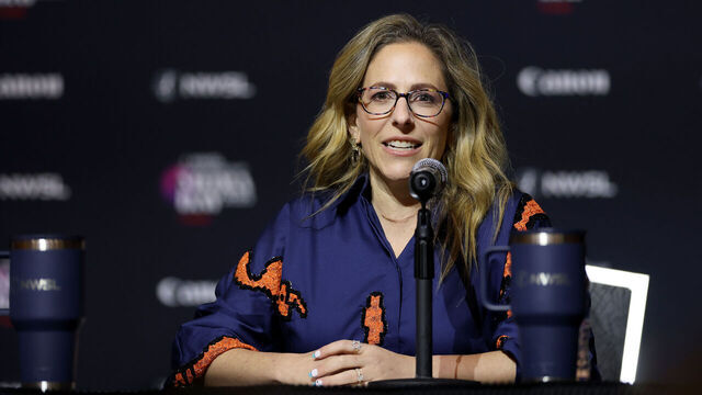 SAN JOSE, CALIFORNIA - NOVEMBER 20: NWSL commissioner Jessica Berman speaks during the 2025 NWSL Championship Media Day at San Jose Civic on November 20, 2025 in San Jose, California.