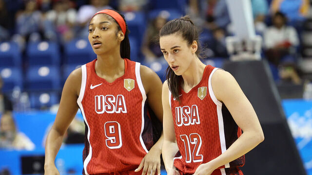 SAN JUAN, PR - MARCH 12: Angel Reese #9 and Caitlin Clark #12 of the USA Women's National Team looks on during the game against Puerto Rico during the 2026 FIBA World Cup Qualifying Tournament on March 12, 2026 at Coliseo Jose Miguel Agrelot in San Juan, Puerto Rico. Mandatory Copyright Notice: Copyright 2026 NBAE