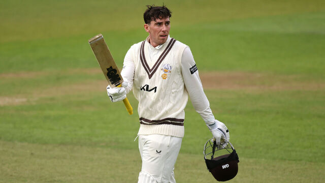 LONDON, ENGLAND - JUNE 07: Dan Lawrence of Surrey celebrates his double century during the Rothesay County Championship Division 1 match between Surrey and Hampshire at The Kia Oval on June 07, 2026 in London, England.