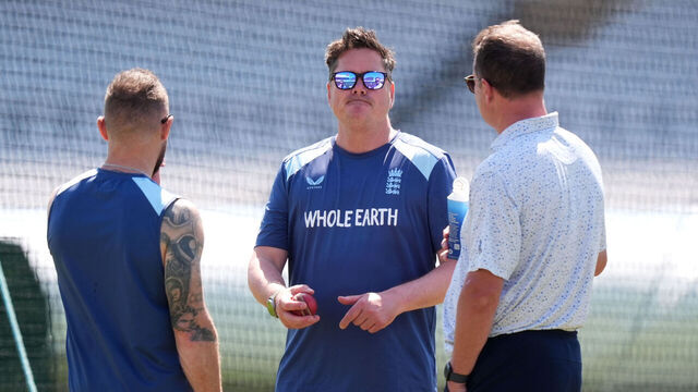 England head coach Brendon McCullum, selector Marcus North, and Robert Key during a nets session at Trent Bridge Cricket Ground, Nottingham. Picture date: Wednesday June 24, 2026.