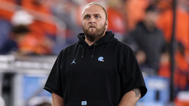 SYRACUSE, NEW YORK - OCTOBER 31: Defensive coordinator Steve Belichick of the North Carolina Tar Heels look on prior to a game against the Syracuse Orange at JMA Wireless Dome on October 31, 2025 in Syracuse, New York.