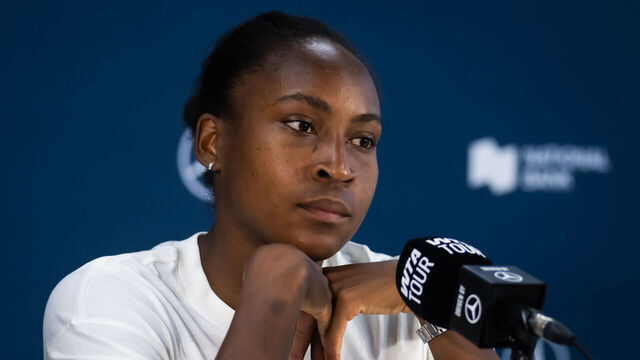TORONTO, ONTARIO - AUGUST 05: Coco Gauff of the United States talks to the media after defeating Kayla Day of the United States in the second round on Day 4 of the National Bank Open at Sobeys Stadium on August 05, 2026 in Toronto, Ontario