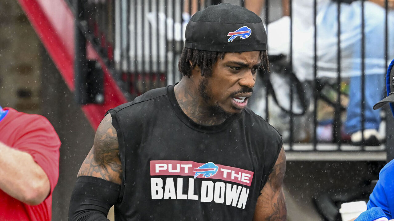ROCHESTER, NEW YORK - JULY 29: C.J. Gardner-Johnson #22 of the Buffalo Bills signs autographs for fans at St. John Fisher University during training camp on July 29, 2026 in Rochester, New York.