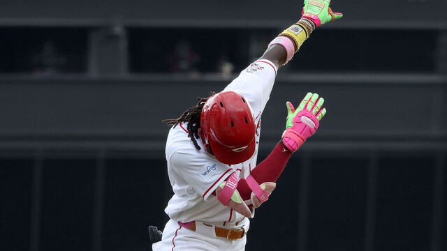 CINCINNATI, OHIO - AUGUST 6: Elly de la Cruz #44 of the Cincinnati Reds celebrates after hitting a solo home run during the first inning of the game against the Athletics at Great American Ball Park on August 6, 2026 in Cincinnati, Ohio.