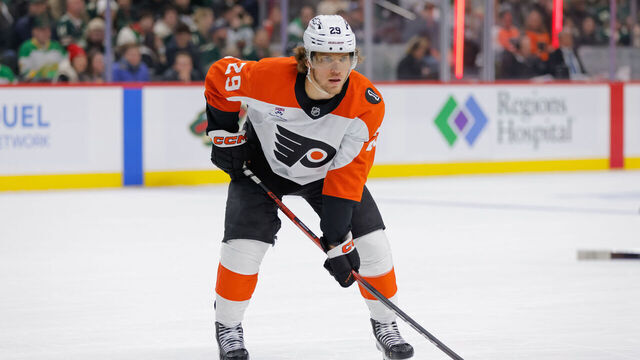SAINT PAUL, MN - MARCH 12: Philadelphia Flyers right wing Nikita Grebenkin (29) lines up for a face-off during the third period on an NHL game between the Philadelphia Flyers and the Minnesota Wild on March 12th, 2026, at the Grand Casino Arena in St. Paul, MN.