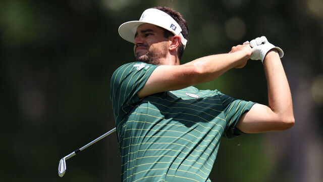GREENSBORO, NORTH CAROLINA - AUGUST 06: Beau Hossler of the United States plays a shot on the 18th hole during the first round of the Wyndham Championship 2026 at Sedgefield Country Club on August 06, 2026 in Greensboro, North Carolina.