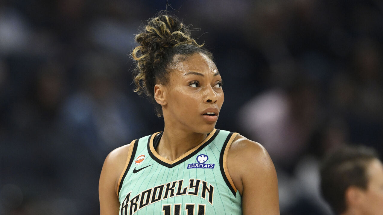 SAN FRANCISCO, CALIFORNIA - JUNE 28: Betnijah Laney-Hamilton #44 of the New York Liberty looks on against the Golden State Valkyries in the first quarter at Chase Center on June 28, 2026 in San Francisco, California.