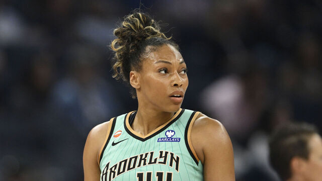 SAN FRANCISCO, CALIFORNIA - JUNE 28: Betnijah Laney-Hamilton #44 of the New York Liberty looks on against the Golden State Valkyries in the first quarter at Chase Center on June 28, 2026 in San Francisco, California.
