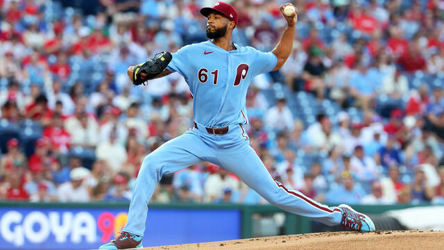 PHILADELPHIA, PENNSYLVANIA - AUGUST 06: Cristopher Sánchez #61 of the Philadelphia Phillies delivers a pitch in the first inning during a game against the Washington Nationals at Citizens Bank Park on August 6, 2026 in Philadelphia, Pennsylvania.