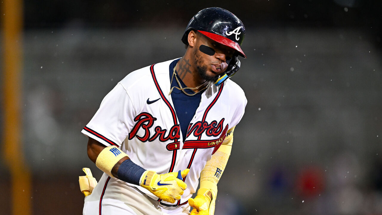 ATLANTA, GA - AUGUST 06: Atlanta right fielder Ronald Acuna Jr. (13) runs the bases after hitting a two-run home run during the MLB game between the Miami Marlins and the Atlanta Braves on August 6th, 2026 at Truist Park in Atlanta, GA.