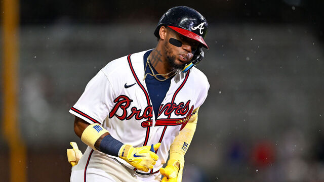 ATLANTA, GA - AUGUST 06: Atlanta right fielder Ronald Acuna Jr. (13) runs the bases after hitting a two-run home run during the MLB game between the Miami Marlins and the Atlanta Braves on August 6th, 2026 at Truist Park in Atlanta, GA.
