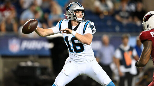 CANTON, OHIO - AUGUST 06: Haynes King #16 of the Carolina Panthers throws a pass during the third quarter of the 2026 Pro Football Hall of Fame Game against the Arizona Cardinals at Tom Benson Hall Of Fame Stadium on August 06, 2026 in Canton, Ohio.