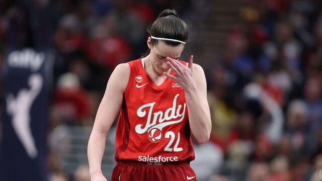 INDIANAPOLIS, INDIANA - AUGUST 06: Caitlin Clark #22 of the Indiana Fever reacts after missing a shot in the second half against the Las Vegas Aces at Gainbridge Fieldhouse on August 06, 2026 in Indianapolis, Indiana. The Aces won 86-84 OT. NOTE TO USER: User expressly acknowledges and agrees that, by downloading and or using this photograph, User is consenting to the terms and conditions of the Getty Images License