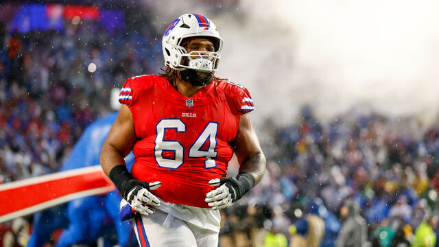 ORCHARD PARK, NEW YORK - DECEMBER 28: O'Cyrus Torrence #64 of the Buffalo Bills takes the field prior to the game against the Philadelphia Eagles at Highmark Stadium on December 28, 2025 in Orchard Park, New York.
