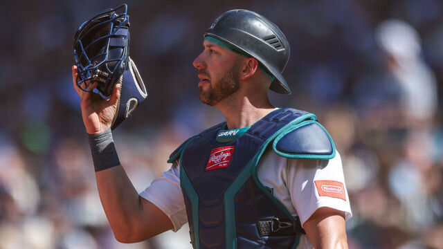 SEATTLE, WASHINGTON - AUGUST 01: Mitch Garver #18 of the Seattle Mariners reacts during the eighth inning against the Minnesota Twins at T-Mobile Park on August 01, 2026 in Seattle, Washington.