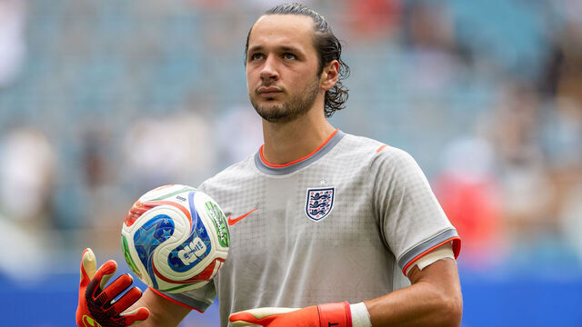 MIAMI GARDENS, FLORIDA - JULY 11: James Trafford #23 of England looks to the scoreboard before the FIFA World Cup 2026 Quarter Final match between Norway and England at Miami Stadium on July 11, 2026 in Miami Gardens, Florida.
