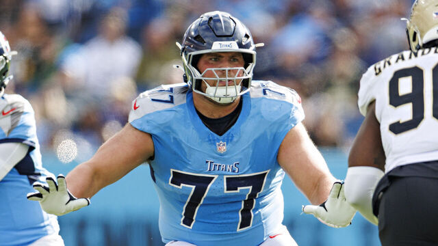 NASHVILLE, TENNESSEE - DECEMBER 28: Peter Skoronski #77 of the Tennessee Titans at the line of scrimmage during a game against the New Orleans Saints at Nissan Stadium on December 28, 2025 in Nashville, Tennessee. The Saints defeated the Titans 34-26.