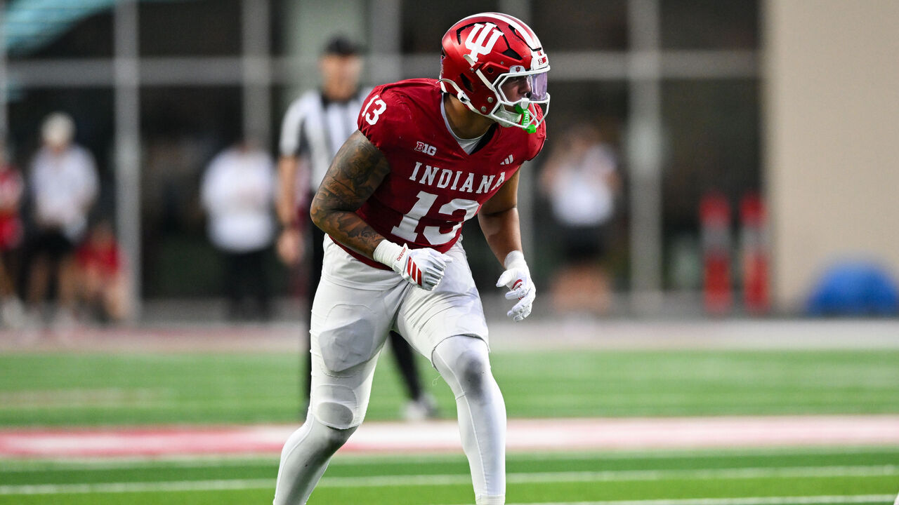 BLOOMINGTON, IN - OCTOBER 18: Indiana Hoosiers DL Kellan Wyatt (13) during a college football game between the Michigan State Spartans and Indiana Hoosiers on October 18, 2025 at Memorial Stadium in Bloomington, IN