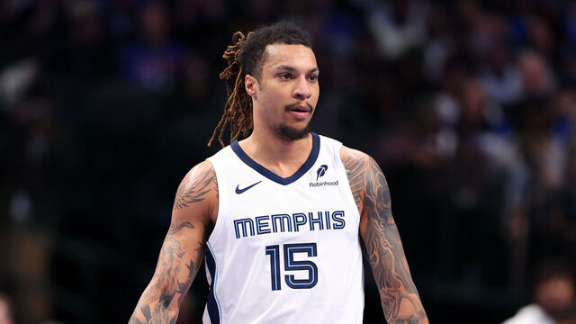 DALLAS, TEXAS - DECEMBER 03: Brandon Clarke #15 of the Memphis Grizzlies looks on during the second half of an Emirates NBA Cup game \D at American Airlines Center on December 03, 2024 in Dallas, Texas. NOTE TO USER: User expressly acknowledges and agrees that, by downloading and/or using this photograph, user is consenting to the terms and conditions of the Getty Images License Agreement.