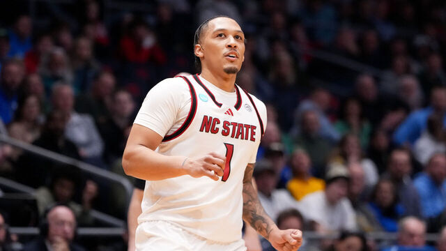 DAYTON, OHIO - MARCH 17: Darrion Williams #1 of the NC State Wolfpack reacts against the Texas Longhorns during the second half in the First Four game of the 2026 NCAA Men's Basketball Tournament at UD Arena on March 17, 2026 in Dayton, Ohio.