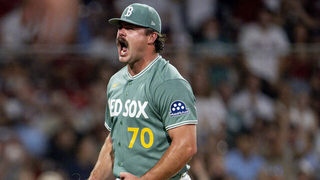 BOSTON, MASSACHUSETTS - AUGUST 7: Payton Tolle #70 of the Boston Red Sox reacts after a strikeout during the sixth inning of a game against the Athletics on August 7, 2026 at Fenway Park in Boston, Massachusetts.