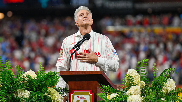 PHILADELPHIA, PA - AUGUST 07: Phillies legend Chase Utley is shown during his Wall of Fame induction ceremony before the game between the Philadelphia Phillies and the Toronto Blue Jays on August 7th, 2026 at Citizens Bank Park in Philadelphia, PA.