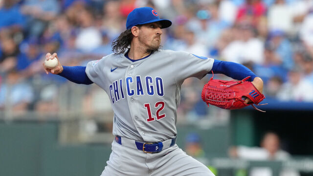 KANSAS CITY, MISSOURI - AUGUST 07: Kevin Gausman #12 of the Chicago Cubs throws in the first inning against the Kansas City Royals at Kauffman Stadium on August 07, 2026 in Kansas City, Missouri.