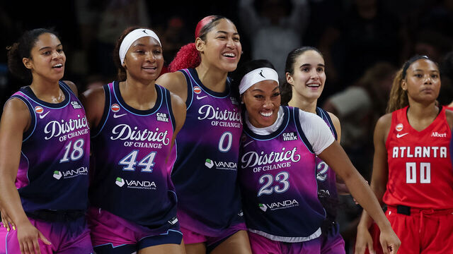 WASHINGTON, DC - AUGUST 07: Cassandre Prosper #18, Kiki Iriafen #44, Shakira Austin #0, Cotie McMahon #23, and Sonia Citron #22 of the Washington Mystics celebrate after the game against the Atlanta Dream at CareFirst Arena on August 7, 2026 in Washington, DC.