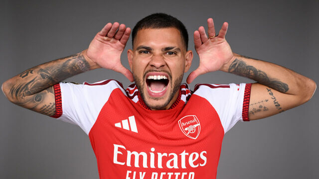 LONDON COLNEY, ENGLAND - AUGUST 08: Bruno Guimaraes signs for Arsenal at Sobha Realty Training Centre on August 08, 2026 in London Colney, England.