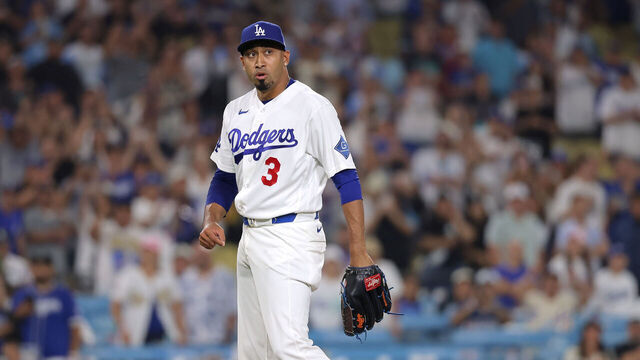 LOS ANGELES, CALIFORNIA - JULY 30: Edwin Diaz #3 of the Los Angeles Dodgers looks on during the ninth inning against the Seattle Mariners at Dodger Stadium on July 30, 2026 in Los Angeles, California.